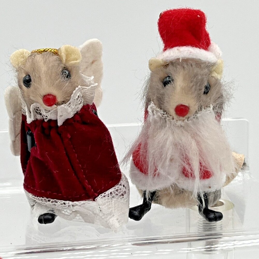 Vintage Original Real Fur Mouse Santa & Angel Figurines Korea Holiday Decor 2"